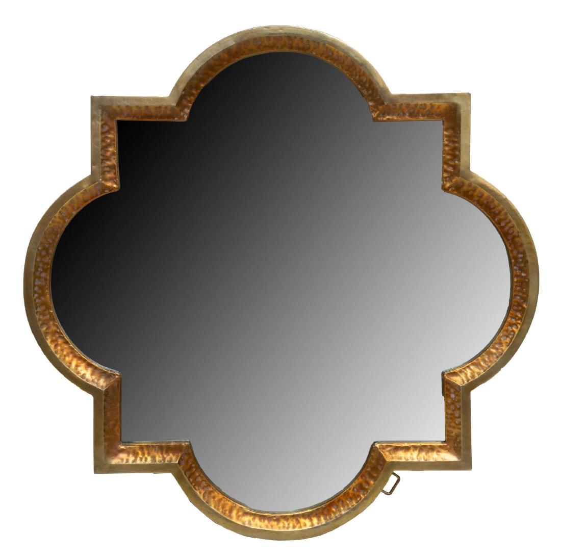 UTTERMOST COMPANY 'LOUROSA' MIRROR: New Uttermost Company "Lourosa" mirror, hammered metal frame, with two toned plated finish in heavily antiqued copper/gold and oxidized silver champagne, flat mirror plate, approx 40"h, 40"w, 2"d, 27l