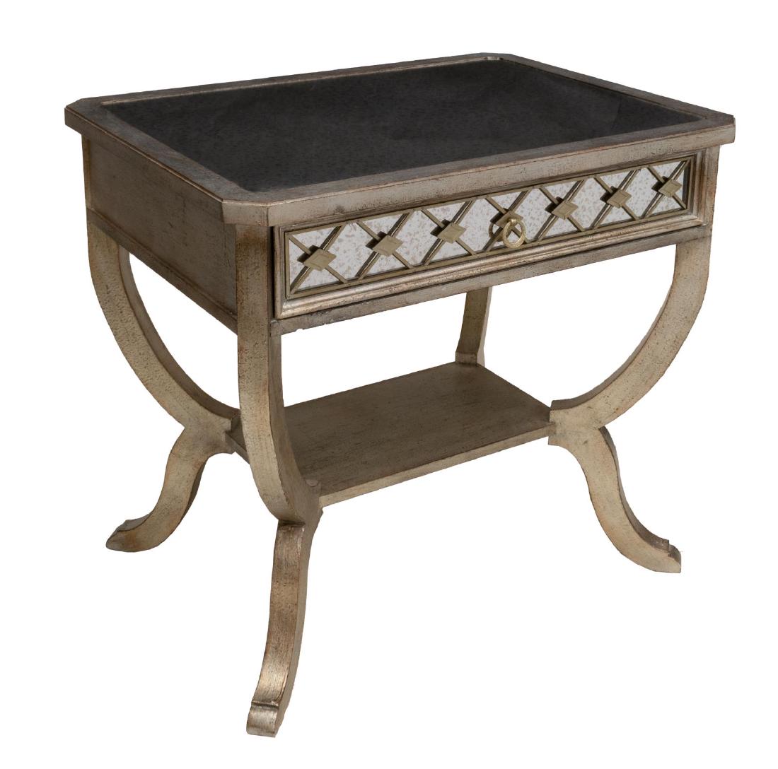 NEW HOOKER FURNITURE 'SANCTUARY' BEDSIDE TABLE: New Hooker Furniture "Sanctuary" bedside table, constructed from poplar and hardwood solids, with aged silver leaf finish, fitted with a single drawer, mirror accents at top and drawer front, rising o