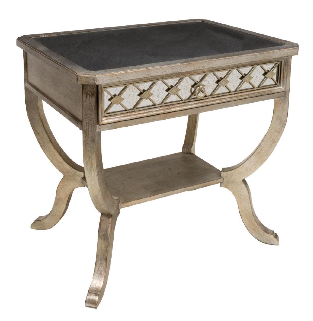 NEW HOOKER FURNITURE 'SANCTUARY' BEDSIDE TABLE: New Hooker Furniture "Sanctuary" bedside table, constructed from poplar and hardwood solids, with aged silver leaf finish, fitted with a single drawer, mirror accents at top and drawer front, rising o
