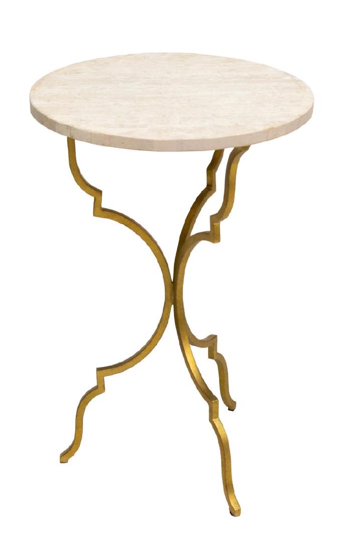 HOOKER FURNITURE 'MARTINI' ROUND TRAVERTINE TABLE: New Hooker Furniture "Martini" table, having round travertine top, on shaped gilt iron frame, approx 24"h, 16"diam, SKU: 5540-50001-GLD *Provenance: Liquidation of recently closed high end furniture s