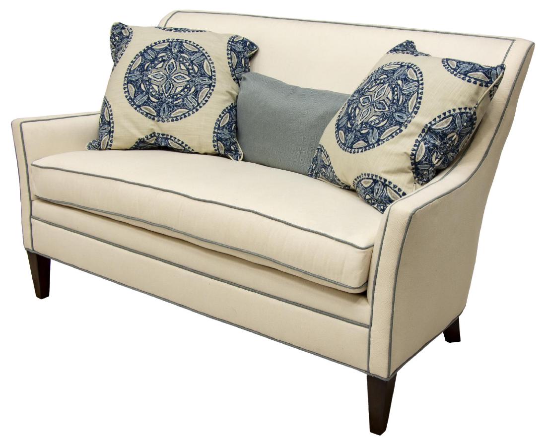 NEW SAM MOORE 'EVERLY' UPHOLSTERED SETTEE: New Sam Moore "Everly" settee, in white upholstery, with contrasting blue piping, curved back, over seat cushion, rising on tapered legs, approx 35.5"h, 58"w, 33.5"d, SKU: 6770-Everly Settee *Provenan