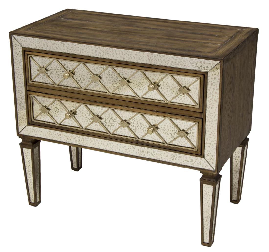 NEW HOOKER 'SANCTUARY' BACHELORS CHEST NIGHTSTAND: New Hooker Furniture "Sanctuary" bachelors chest, fitted with two drawers, having antiqued mirrored panels to front and legs, with metal fretwork, approx 30.25"h, 34"w, 18"d, SKU: 5414-90017 *Provenan