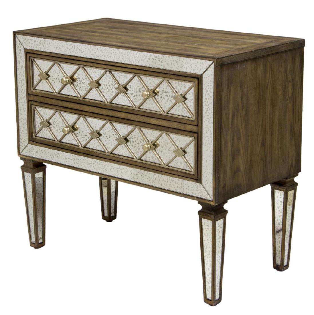 NEW HOOKER 'SANCTUARY' BACHELORS CHEST NIGHTSTAND: New Hooker Furniture "Sanctuary" bachelors chest, fitted with two drawers, having antiqued mirrored panels to front and legs, with metal fretwork, approx 30.25"h, 34"w, 18"d, SKU: 5414-90017 *Provenan