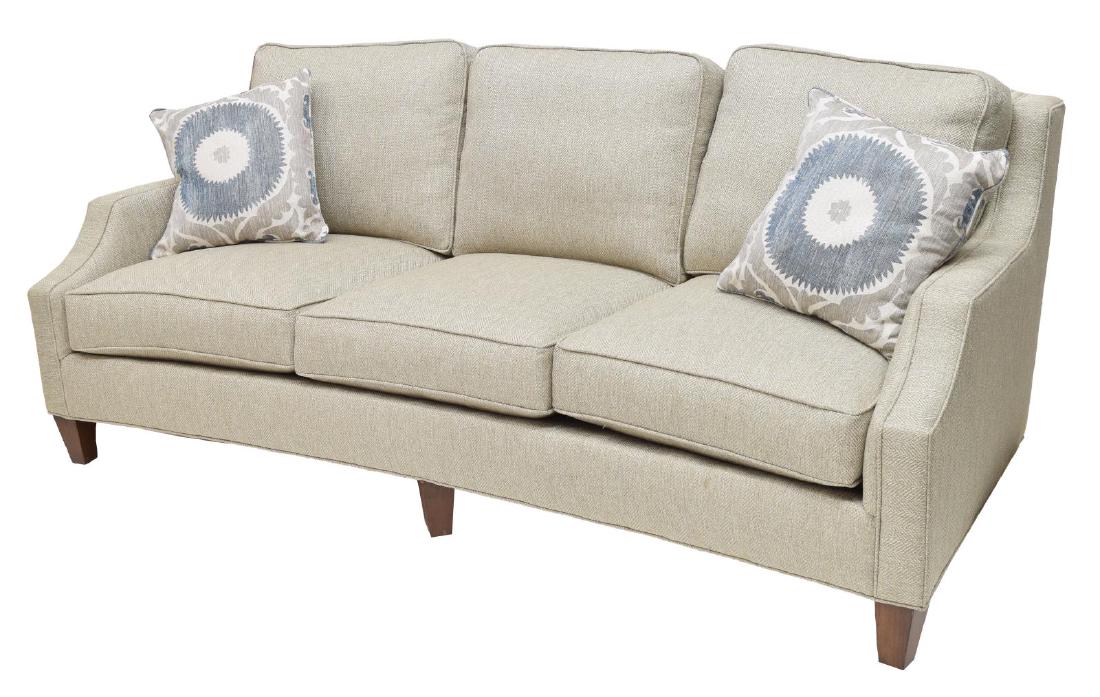 NEW SAM MOORE 'AUSTIN' THREE-SEATER SOFA: New Sam Moore "Austin" three-seat sofa, in light grey upholstery, with "blendown" filled back and seat cushions, rising on dark-stained wood legs, approx 36"h, 83"w, 40"d, SKU: 7001-002 *Provenance: L