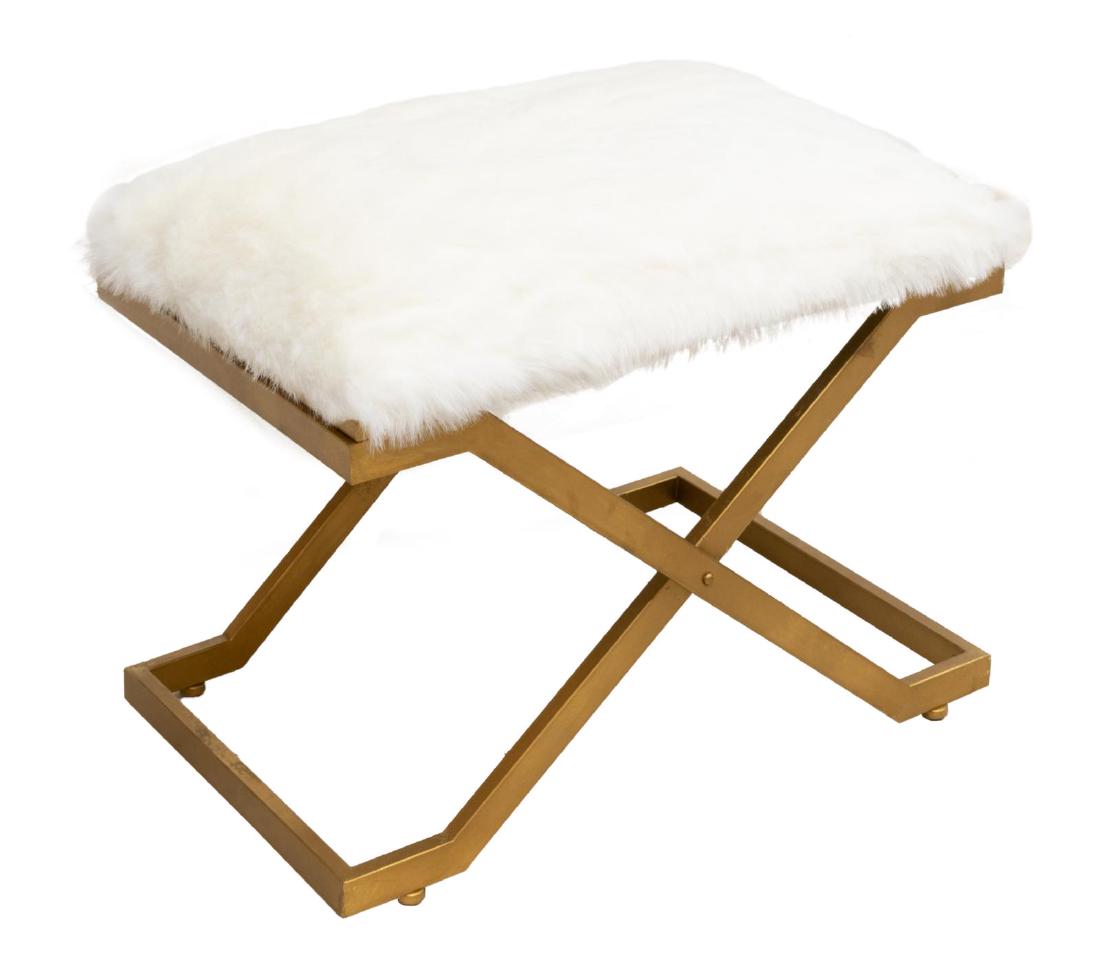 NEW UTTERMOST CO. 'FARRAN' FAUX FUR BENCH: New Uttermost Co. "Farran" bench, designed by Grace Feyock, with white plush faux fur seat, on gilt iron X-form frame, approx 20"h, 24"w, 16"d, SKU: 23278 *Provenance: Liquidation of recently closed h