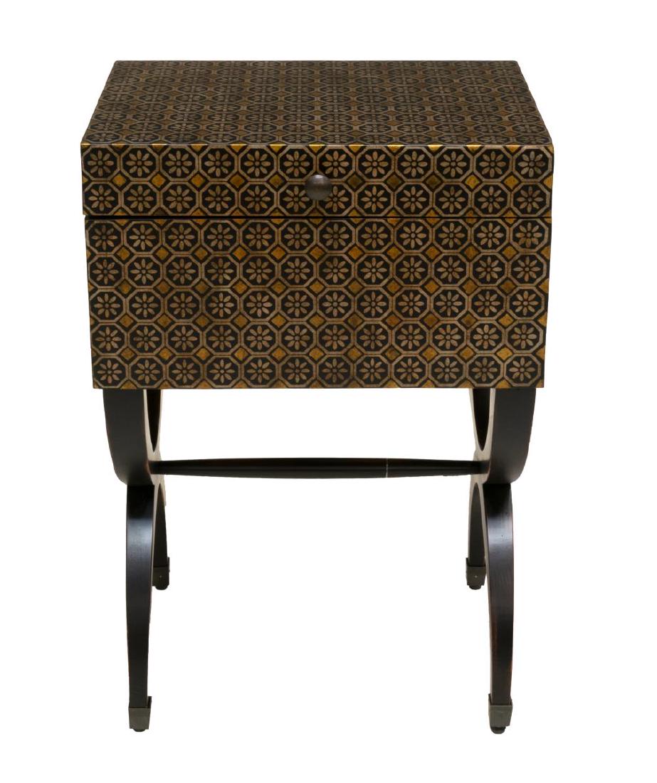 HOOKER FURNITURE 'ACCENTS' PAINTED BOX ON STAND: New Hooker Furniture "Accents" box on stand, having hinged top, open interior, antique brass hardware, rising on X-form trestle base, ending in brass capped feet, approx 28"h, 19"w, 14"d, SKU: 500-50-