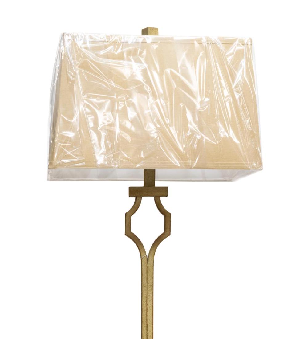 NEW UTTERMOST COMPANY 'VINCENT' LAMP: New Uttermost Company "Vincent" lamp, hand forged metal standard, with gold leaf finish, light grey wash and matte black foot, rectangular linen tapered hardback lampshade, lamp: approx 65"h, shade: 1