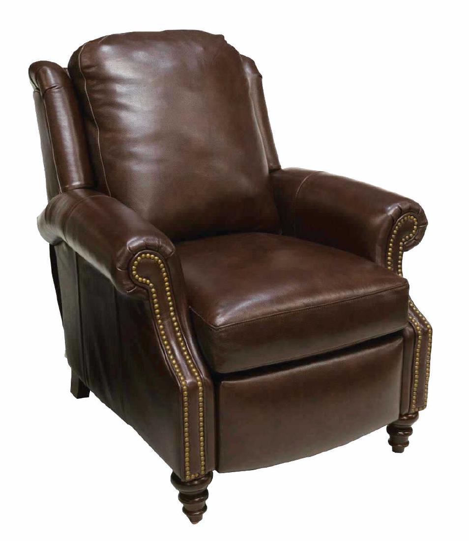 BRADINGTON YOUNG 'HOBSON' RECLINING LOUNGE CHAIR: New Bradington Young "Hobson" three-way reclining lounge chair, in chestnut brown "Akron" leather upholstery, with cushioned back and seat, flanked by rolled arms, rising on turned wood front legs, ap