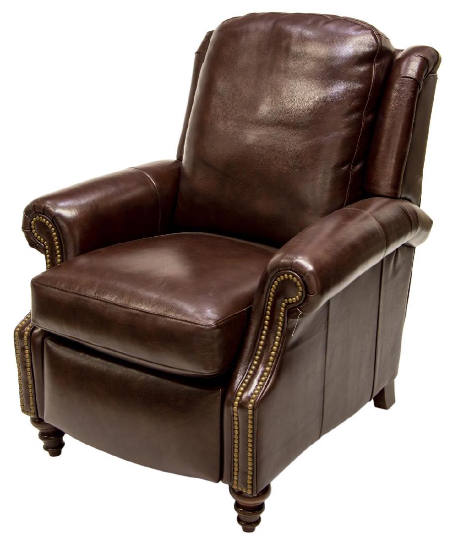 BRADINGTON YOUNG 'HOBSON' RECLINING LOUNGE CHAIR: New Bradington Young "Hobson" three-way reclining lounge chair, in chestnut brown "Akron" leather upholstery, with cushioned back and seat, flanked by rolled arms, rising on turned wood front legs, ap