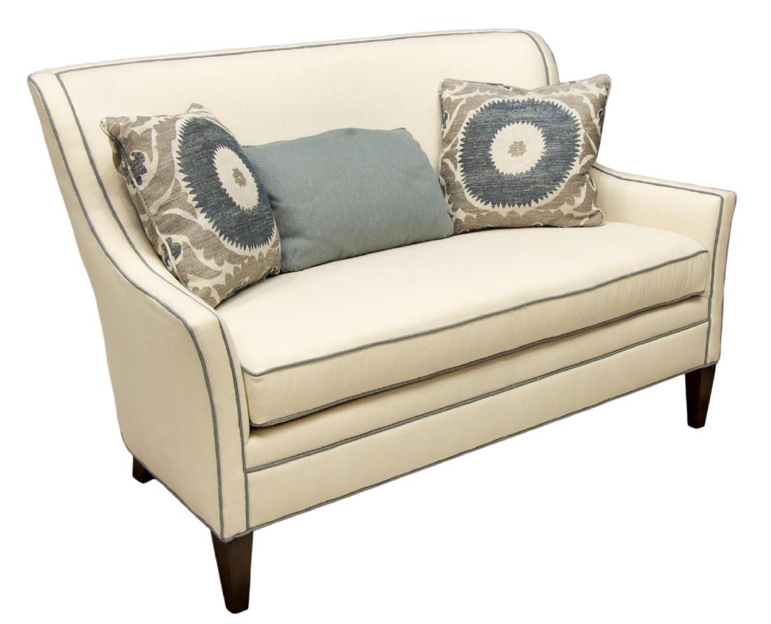 NEW SAM MOORE 'EVERLY' UPHOLSTERED SETTEE: New Sam Moore "Everly" settee, in white upholstery, with contrasting blue piping, curved back, over seat cushion, rising on tapered legs, approx 35.5"h, 58"w, 33.5"d, SKU: 6770-Everly Settee *Provenan