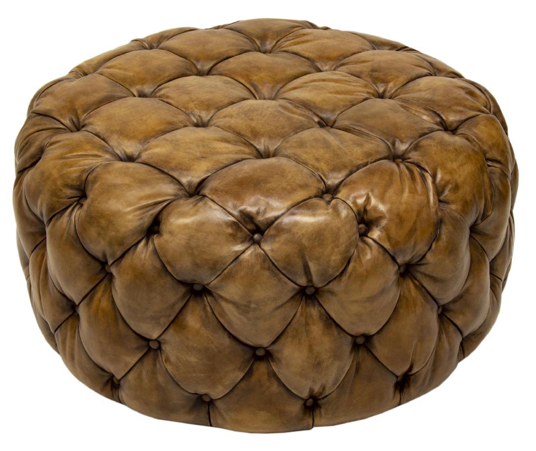 HOOKER FURNITURE 'HAZEL' TUFTED LEATHER OTTOMAN: New Hooker Furniture "Hazel" round ottoman, with buttoned leather upholstery, approx 18"h, 37"diam, SKU: CO391-085 *Provenance: Liquidation of recently closed high end furniture store* Start Price $20