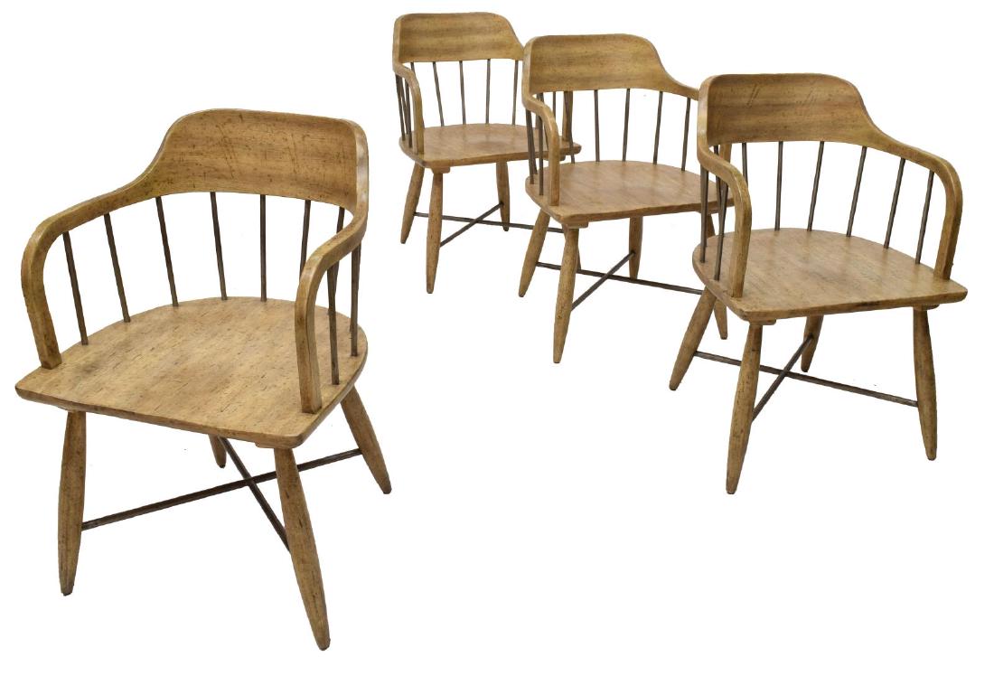 (4) HOOKER URBAN ELEVATION LOW WINDSOR ARM CHAIRS: (lot of 4) New Hooker Furniture low Windsor arm chairs, from the "Urban Elevation" collection, having curved backrest and arms, metal spindle back, over shield seat, rising on tapered legs, joined by