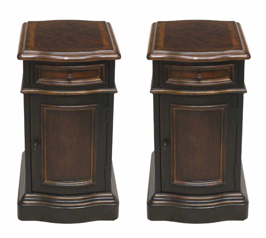 (2) HOOKER FURNITURE 'PRESTON RIDGE' HALL CHEST: (lot of 2) New Hooker Furniture"Preston Ridge" hall chests, having shaped top, case fitted with single drawer, over single-door cabinet, opening to shelf, rising on stepped plinth base, approx 24.25"h