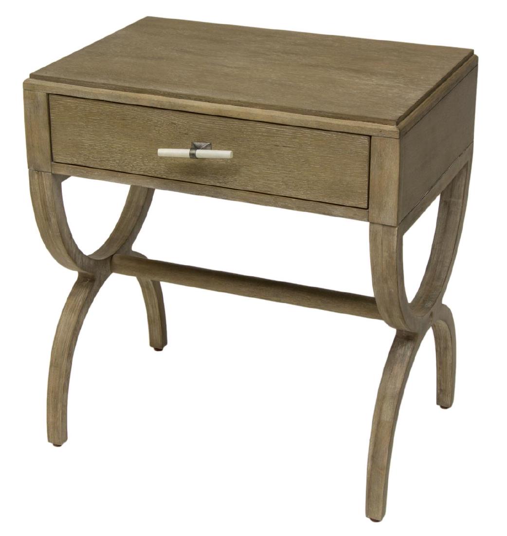 NEW HOOKER FURNITURE AFFINITY NIGHTSTAND: New Hooker Furniture Affinity Collection "Leg" nightstand, sand-blasted greige and antique white finish on quartered white oak, single drawer, pewter and antique white hardware, approx 29"h, 27"w, 19"