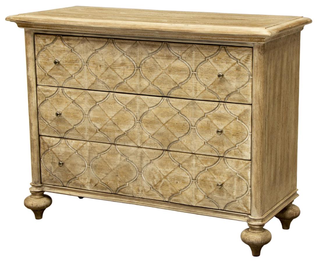 NEW HOOKER FURNITURE 'MELANGE' THREE DRAWER CHEST: New Hooker Furniture "Melange" three drawer chest, poplar and hardwood solids with elm veneers and resin, approx 34.75"h, 45"w, 18"d, SKU: 638-85259-LTBR *Provenance: Liquidation of recently closed hi