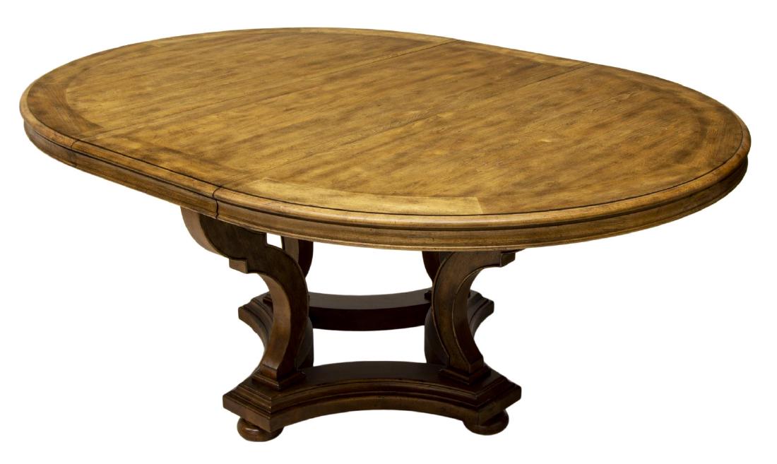 NEW HOOKER FURNITURE 'ARCHIVIST' DINING TABLE: New Hooker Furniture "Archivist" extension dining table, constructed from rubberwood solids, with pecky pecan and rustic birch veneers, having round top, rising on pedestal base, approx 30.5"h, 54.25"