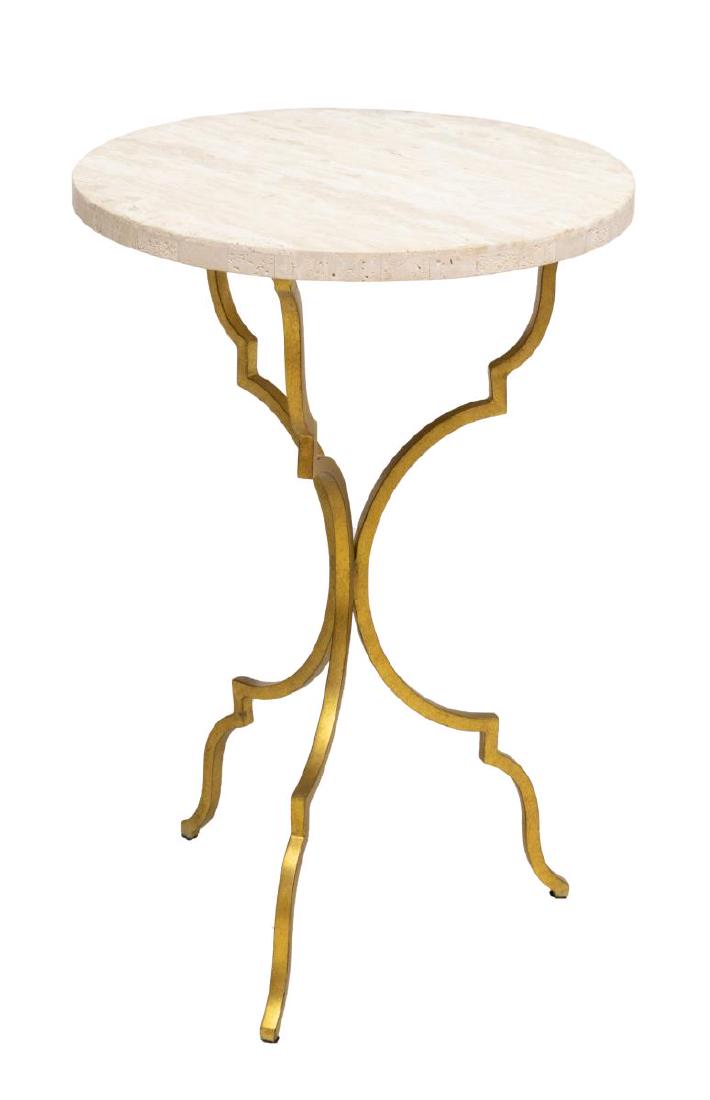HOOKER FURNITURE 'MARTINI' ROUND TRAVERTINE TABLE: New Hooker Furniture "Martini" table, having round travertine top, on shaped gilt iron frame, approx 24"h, 16"diam, SKU: 5540-50001-GLD *Provenance: Liquidation of recently closed high end furniture s