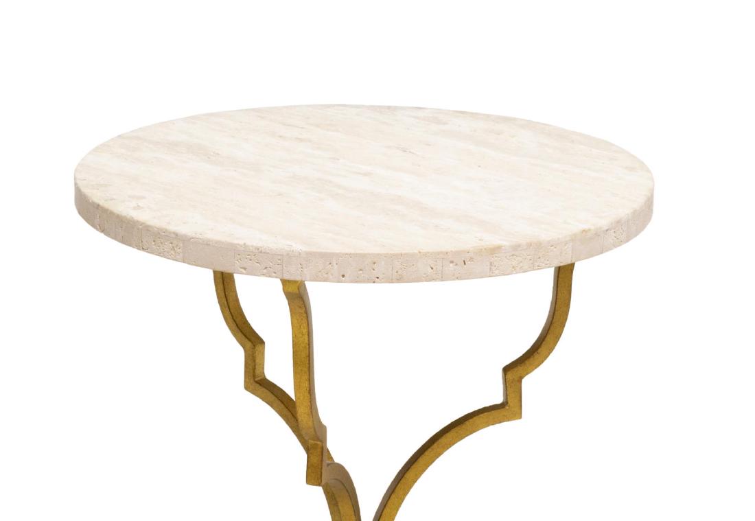 HOOKER FURNITURE 'MARTINI' ROUND TRAVERTINE TABLE: New Hooker Furniture "Martini" table, having round travertine top, on shaped gilt iron frame, approx 24"h, 16"diam, SKU: 5540-50001-GLD *Provenance: Liquidation of recently closed high end furniture s