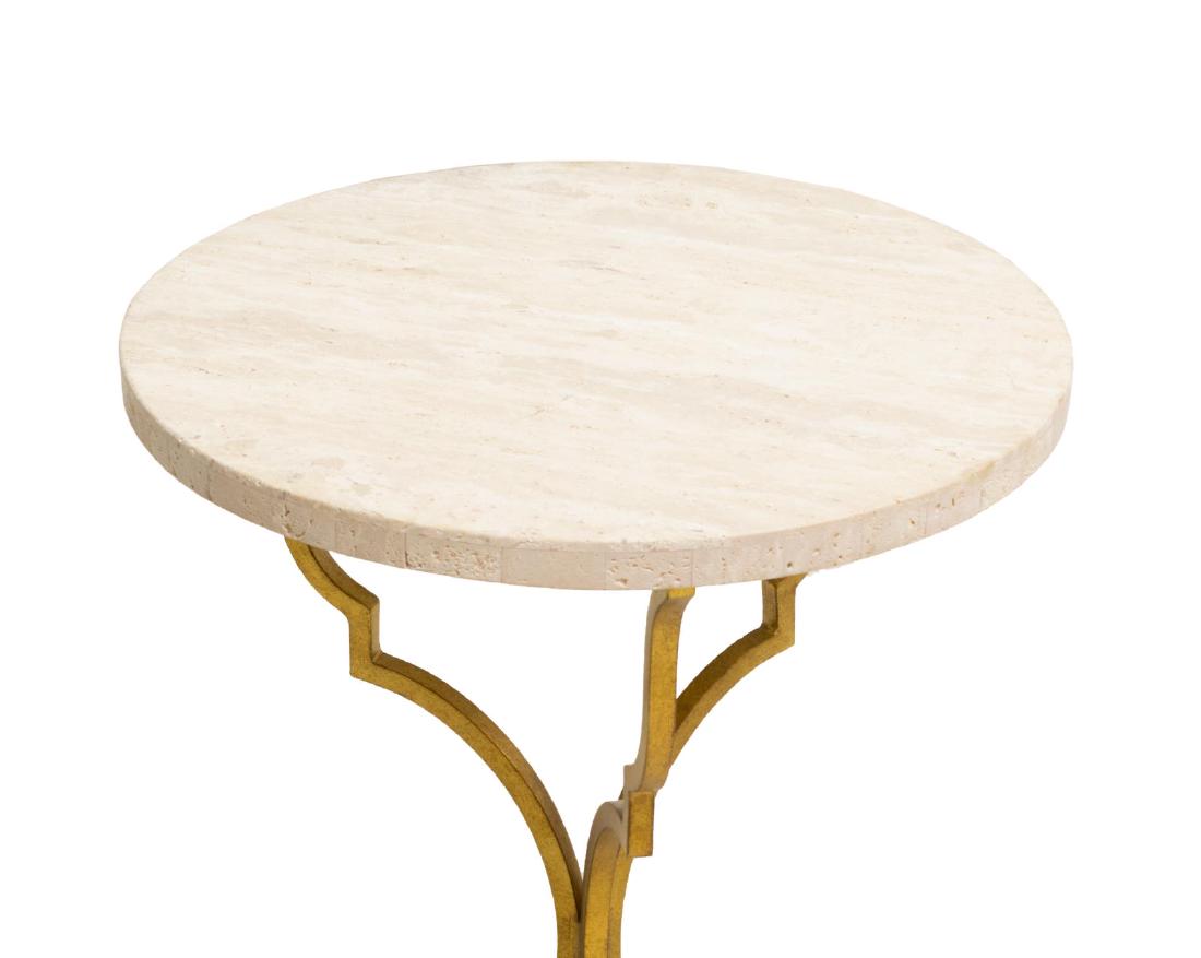 HOOKER FURNITURE 'MARTINI' ROUND TRAVERTINE TABLE: New Hooker Furniture "Martini" table, having round travertine top, on shaped gilt iron frame, approx 24"h, 16"diam, SKU: 5540-50001-GLD *Provenance: Liquidation of recently closed high end furniture s