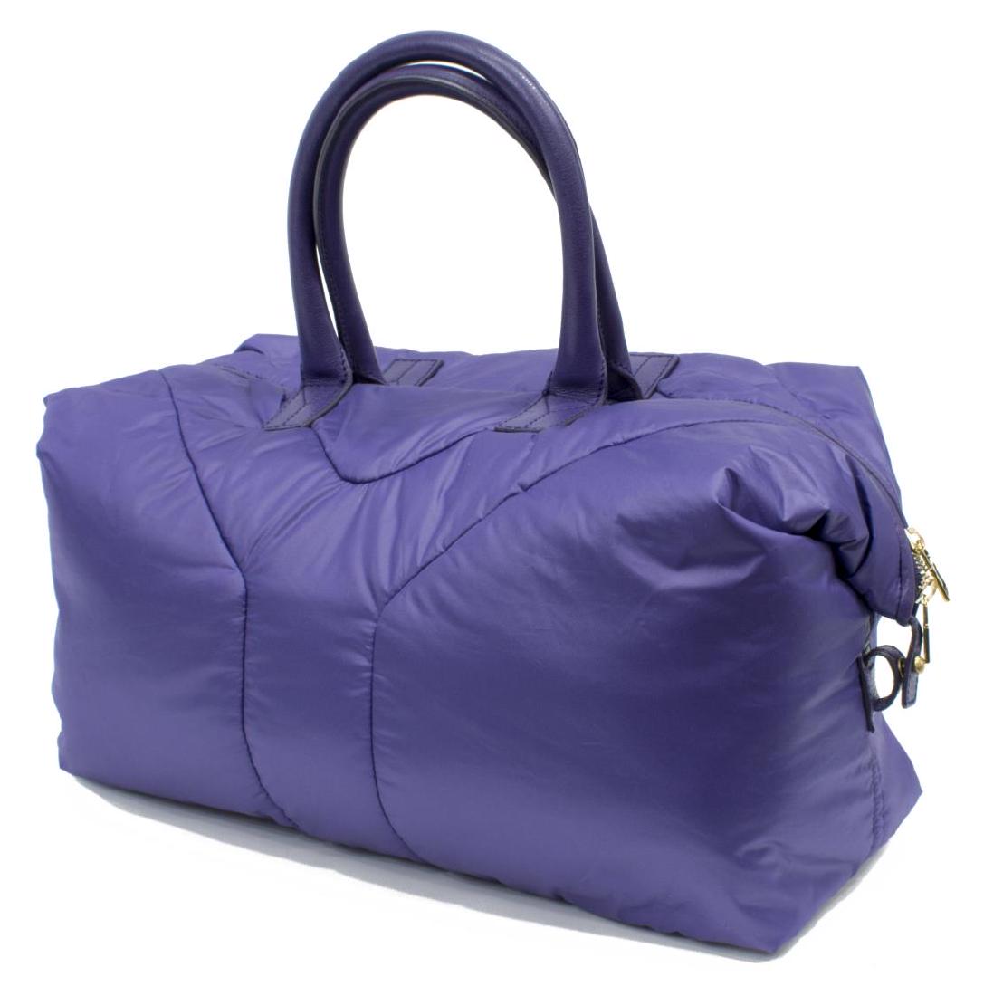 YVES SAINT LAURENT 'EASY' PURPLE NYLON HANDBAG: Yves Saint Laurent "Easy" bag, in purple nylon, with gold-tone hardware, tonal leather trim, dual rolled top handles, three pockets at interior walls; one with zip closure, two-way zip closure at top,