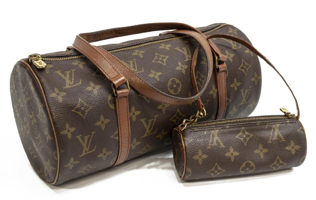 LOUIS VUITTON 'PAPILLON 30' MONOGRAM COATED CANVAS: Louis Vuitton "Papillon 30" handbag, in brown and tan monogram coated canvas, with brass hardware, leather trim, dual flat top handles, zip closure at top, retaining pouch, spotting to interior, patin
