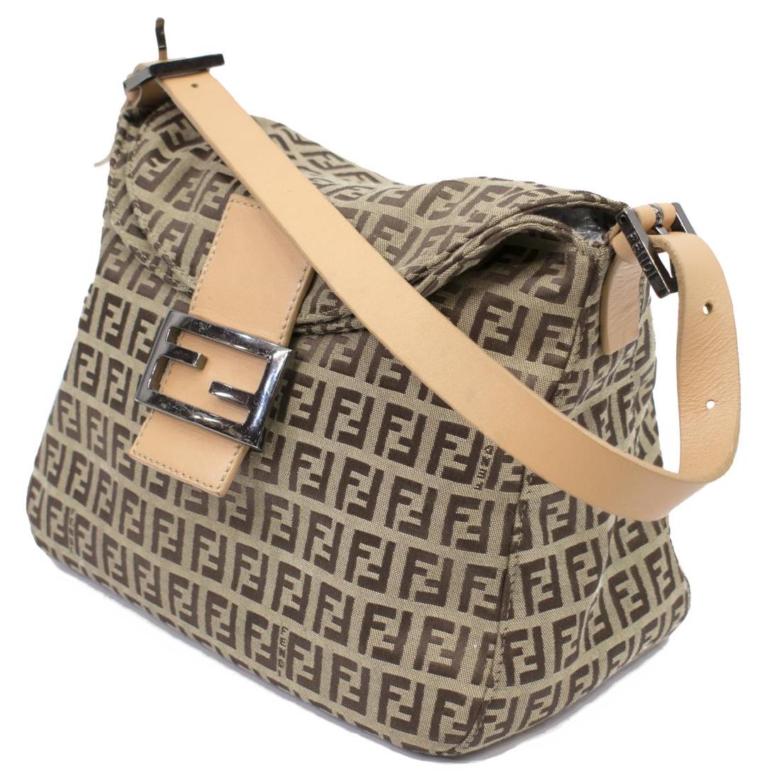 FENDI FOLDED FLAP ZUCCHINO CANVAS HANDBAG: Fendi folded flap handbag, in brown and tan monogrammed "Zucchino" canvas, with silver tone hardware, and beige leather accents, having adjustable flat top shoulder strap, brown fabric lining, zipper 