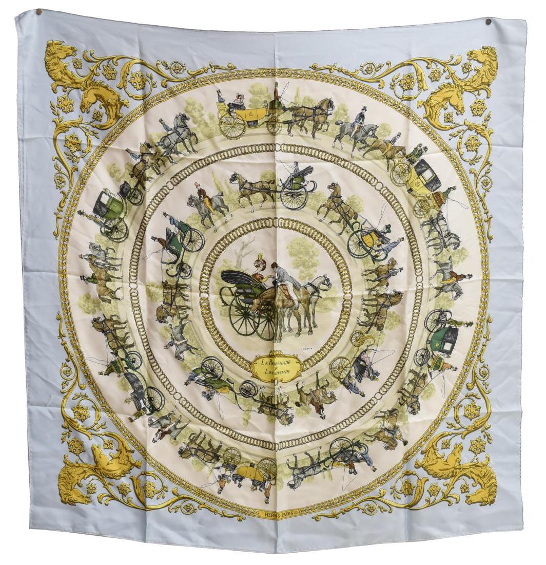 HERMES SILK TWILL SCARF LA PROMENADE DE LONGCHAMPS: Hermes silk twill scarf, "La Promenade de Longchamps" pattern, original design by Philippe Ledoux, with pale blue border, center white ground, with radiating design of horse-drawn carts, retaining car