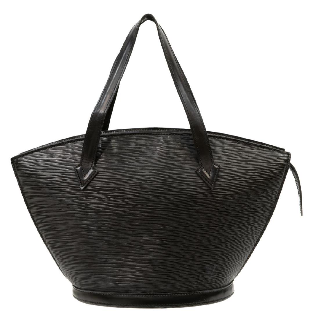 LOUIS VUITTON 'ST. JACQUES PM' HANDBAG EPI LEATHER: Louis Vuitton "St. Jacques PM" handbag, in black Epi leather, with brass hardware, dual flat handles, zip closure at top, some wear to exterior, creasing, bag: measurements for shipping purposes only 