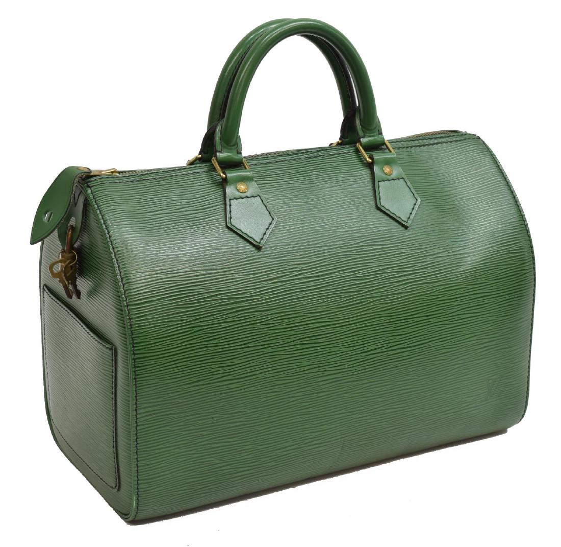 LOUIS VUITTON 'SPEEDY 30' EPI LEATHER HANDBAG: Louis Vuitton "Speedy 30â€ handbag, in green Epi leather, with brass hardware, dual rolled handles, single exterior pocket, zip closure at top, interior pocket, retaining lock and key, wear to leat