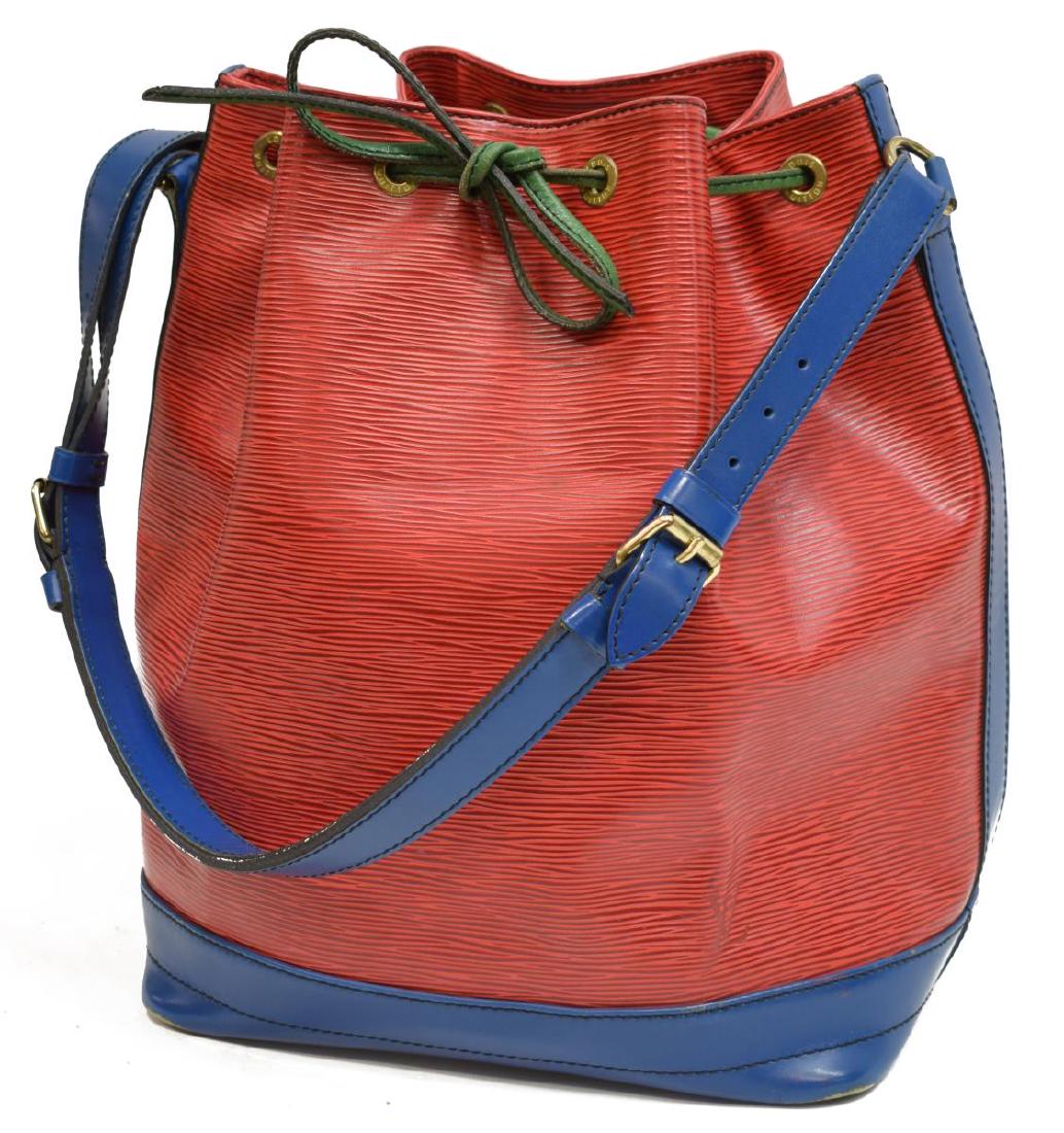 LOUIS VUITTON 'NOE TRICOLOR GM' BUCKET BAG: Louis Vuitton â€œNoe Tricolor GMâ€ bucket bag, in red, green and blue Epi leather, with black stitching, brass hardware, adjustable flat shoulder strap, drawstring closure at front face, creasi
