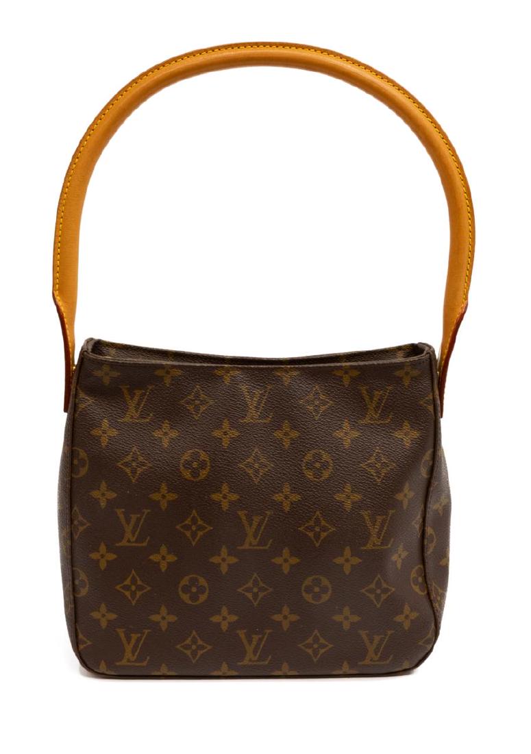 LOUIS VUITTON 'LOOPING' MONOGRAM CANVAS HANDBAG: Louis Vuitton "Looping" handbag, in brown and tan monogram coated canvas, with brass hardware, tan vachetta leather trim, single rolled shoulder strap, beige Alcantara lining, dual pockets at interior