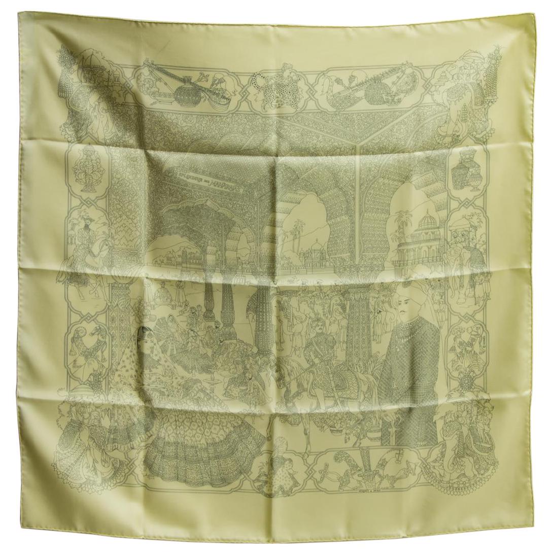HERMES SILK TWILL SCARF, 'SPLENDEUR DES MAHARAJAS': Hermes silk twill scarf, "Splendeur des Maharajas" pattern, original design by Catherine Baschet, with light yellow/ creme ground, with Indian-inspired print, retaining care tag, accompanied by brande