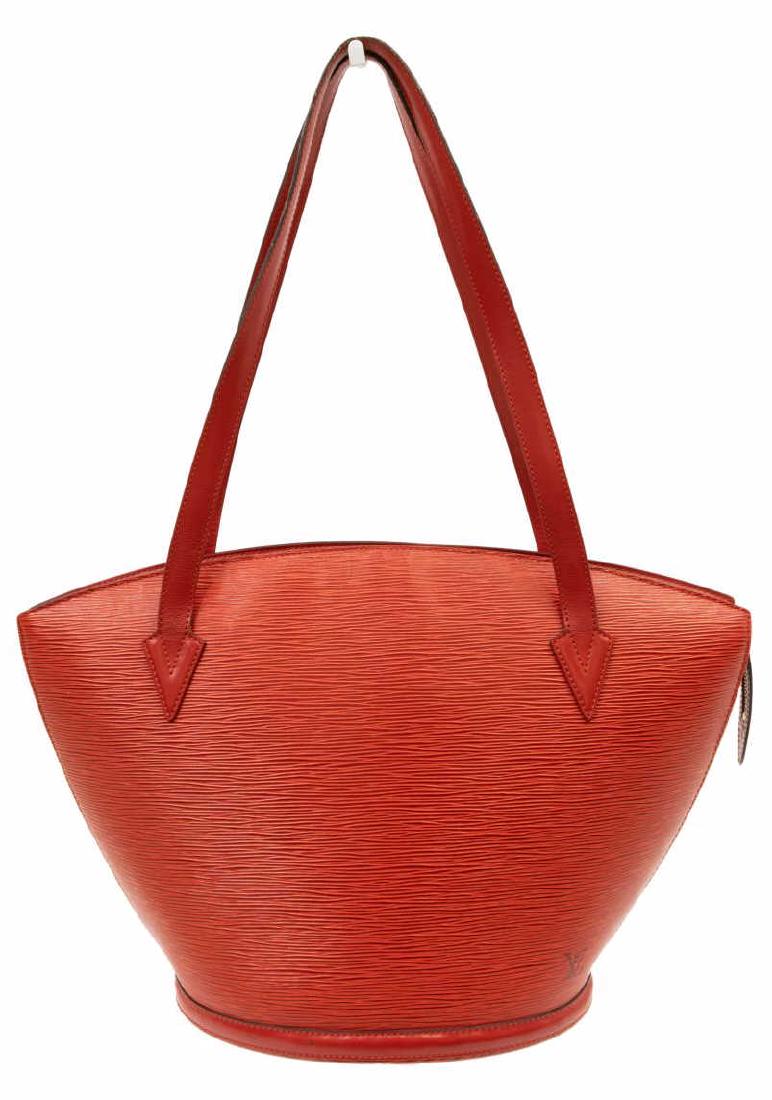 LOUIS VUITTON 'ST. JACQUES GM' HANDBAG EPI LEATHER: Louis Vuitton "St. Jacques GM" handbag, in red Epi leather, with brass hardware, dual flat handles, zip closure at top, interior spotting, creasing, some wear to exterior at bottom, bag: measurements 