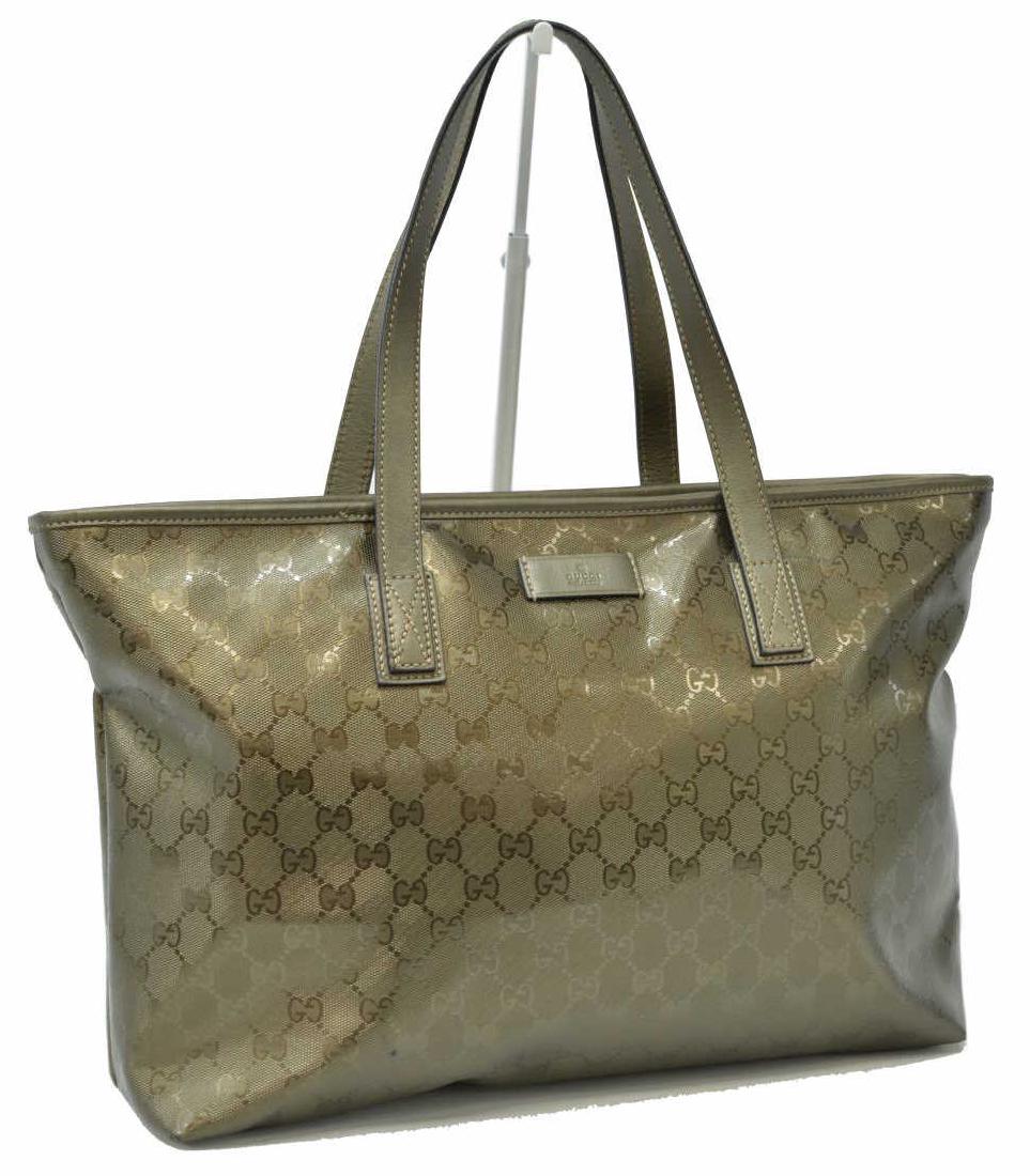 GUCCI METALLIC GUCCISSIMA CANVAS TOTE BAG: Gucci tote bag, in khaki and grey metallic Guccissima imprint coated canvas, with silver-tone hardware, dual flat handles, two interior slit pockets and single zip pocket, zip closure at top, bag: mea