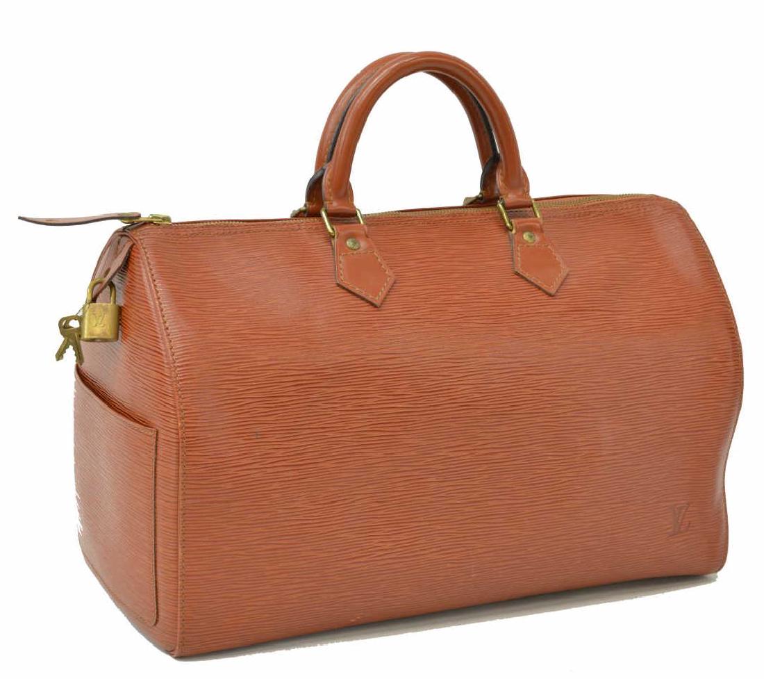LOUIS VUITTON 'SPEEDY 35' HANDBAG TAN EPI LEATHER: Louis Vuitton "Speedy 35â€ handbag, in tan Epi leather, with brass hardware, dual rolled handles, zip closure at top, retaining keys and lock, creasing, interior spotting, wear to exterior, bag: me