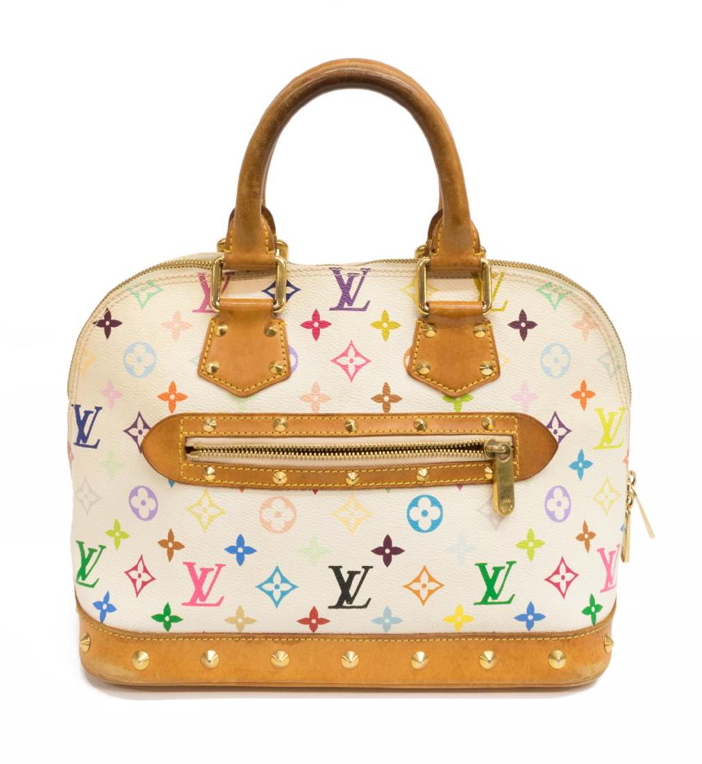 LOUIS VUITTON 'MULTICOLORE ALMA' MONOGRAM HANDBAG: Louis Vuitton "Alma" handbag, in white and multicolor monogram coated canvas, with brass hardware, dual rolled top handles, conical stud embellishments throughout, single zip pocket at exterior, burgu