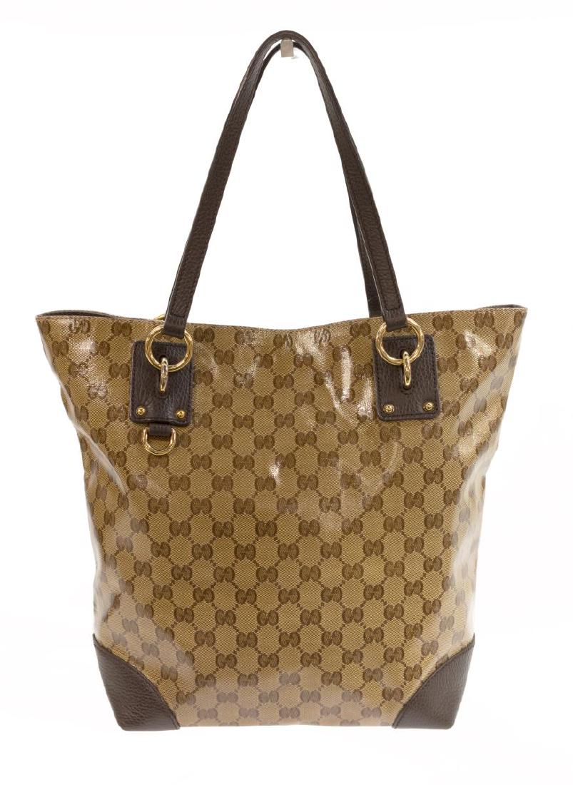 GUCCI 'RING SHOPPING TOTE' PATENT MONOGRAM CANVAS: Gucci â€œRing Shopping Toteâ€, in beige patent monogram canvas, with gold-tone hardware, leather trim, dual flat handles, single interior zip pocket with dual slit pockets, magnetic snap closur