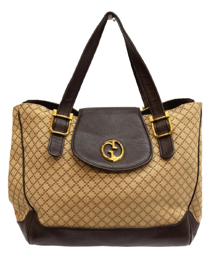 GUCCI CLASSIC BEIGE DIAMOND CANVAS TOTE BAG: Gucci classic tote, in beige diamond canvas, with gold-tone hardware, leather trim , dual flat shoulder straps, two slip pockets and single zip pocket to interior, magnetic snap closure at top, retain