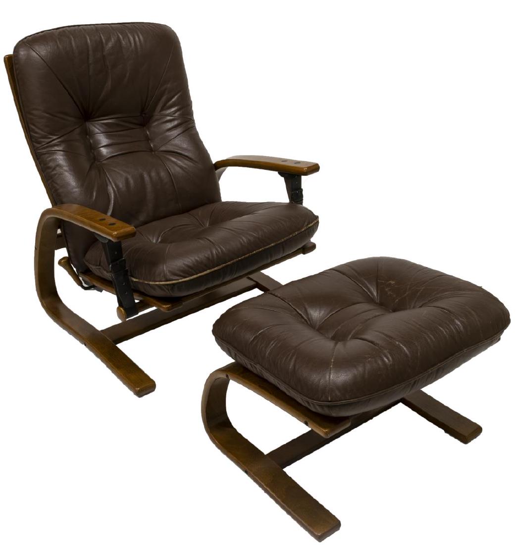 WESTNOFA RELLING RECLINING SIESTA CHAIR & OTTOMAN: (lot of 2) Mid-century modern Siesta reclining chair and ottoman, design by Ingmar Relling (1920-2002) for Westnofa Furniture, Norway, laminated beechwood (1) the bentwood chair with brown buttoned le
