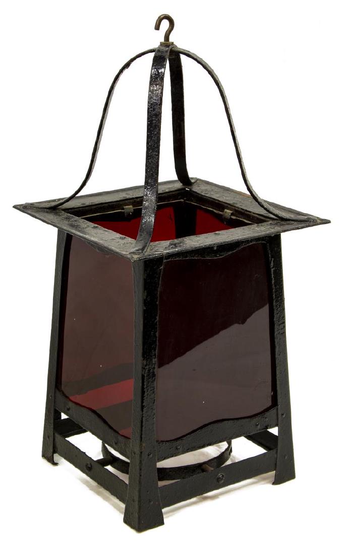 ENGLISH ARTS & CRAFTS IRON GLASS HANGING LANTERN (1 of 1)