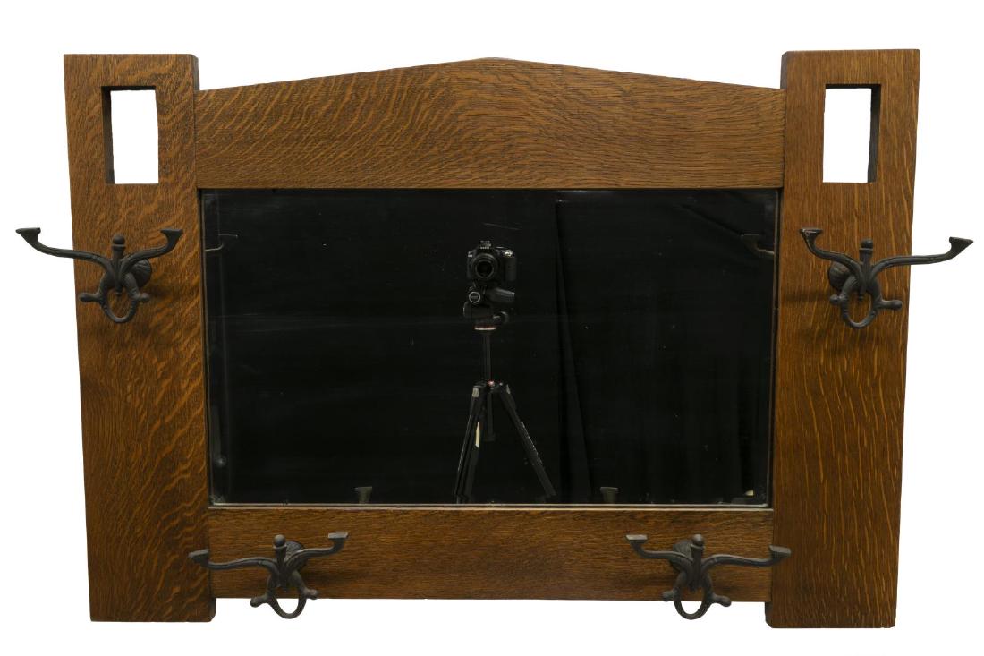 AMERICAN ARTS & CRAFTS OAK HALL MIRROR W/ HOOKS (1 of 2)