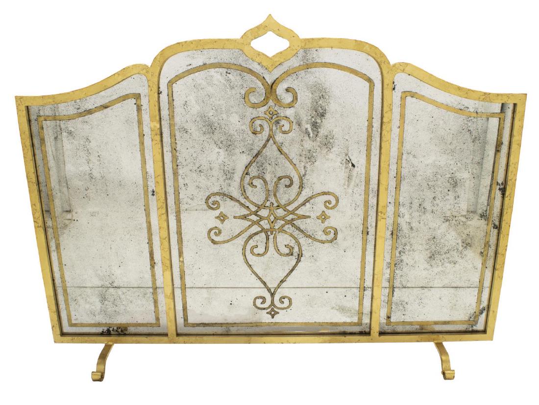DECORATIVE GILDED IRON MIRRORED FIREPLACE SCREEN (1 of 3)