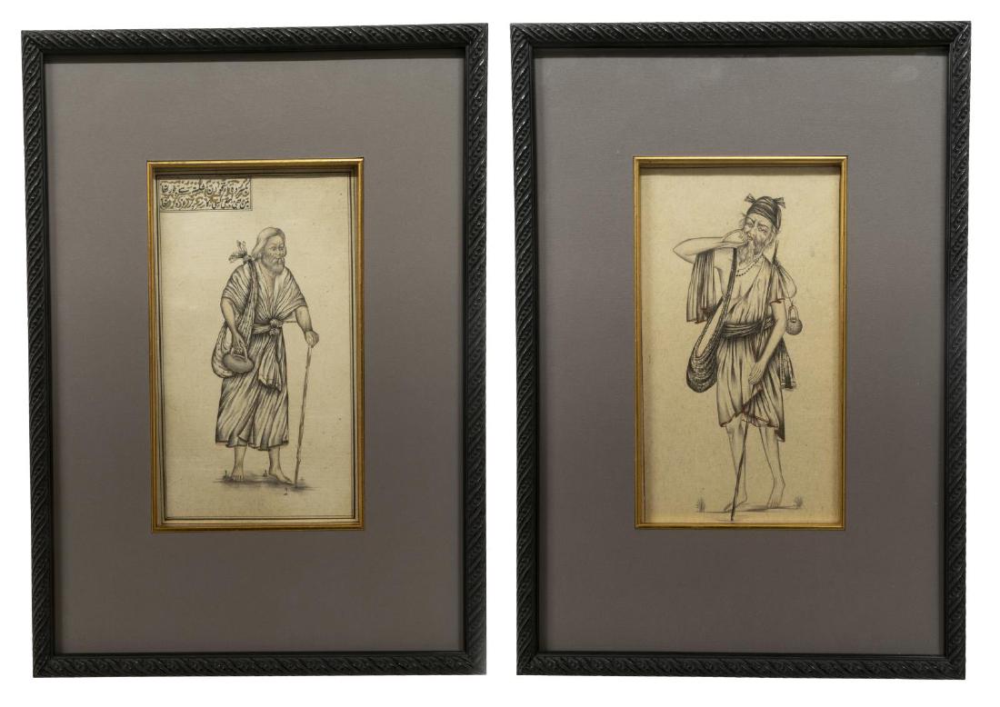 (2) FRAMED MUGHAL STYLE INK DRAWINGS INSCRIPTION (1 of 4)