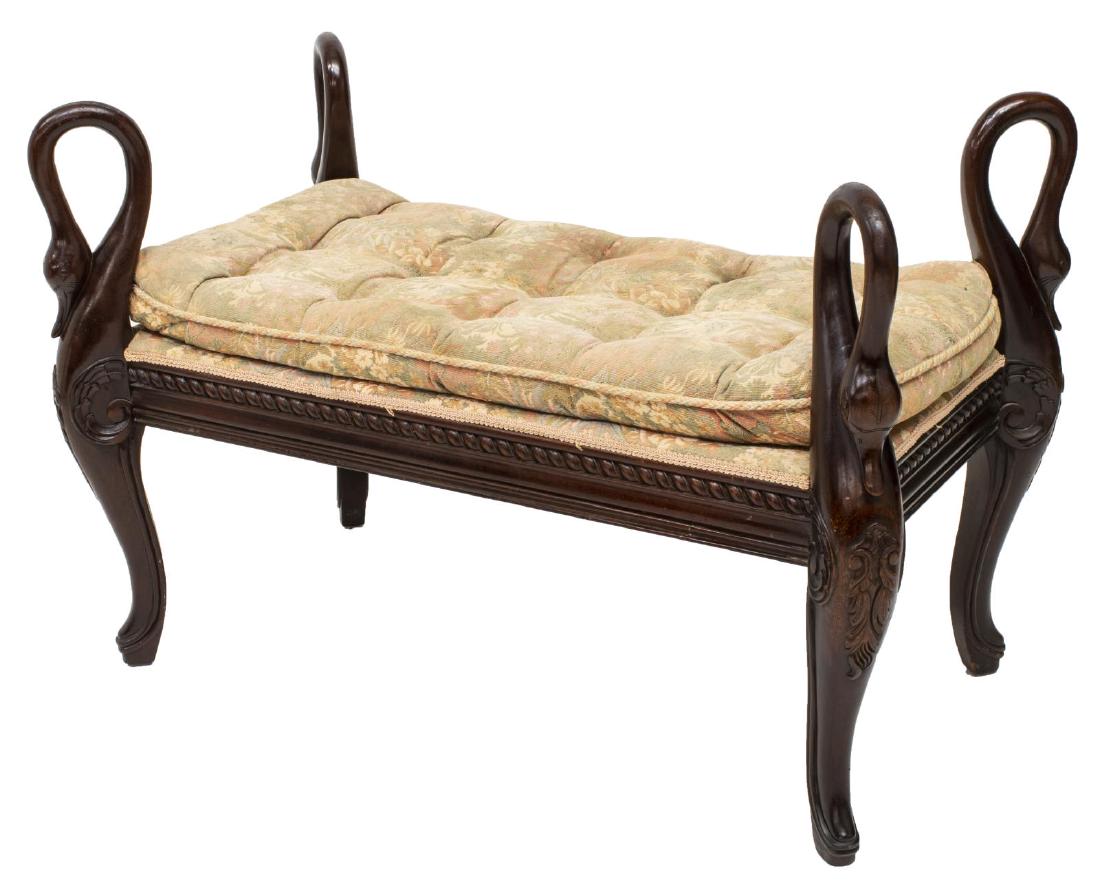 AMERICAN SWAN CARVED MAHOGANY UPHOLSTERED BENCH (1 of 2)