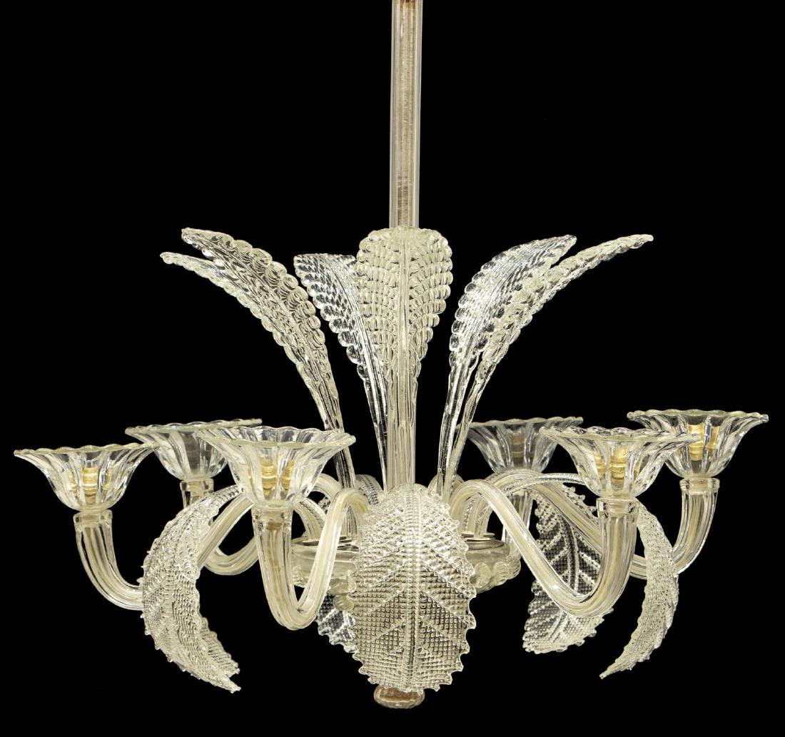 MURANO ART GLASS SIX-LIGHT CHANDELIER: Murano art glass six-light chandelier, c. 1950s, clear glass, six arms, each having single light, twelve glass leaf decorations, six facing upright, six curling below, drop finial, in need of wiring, 