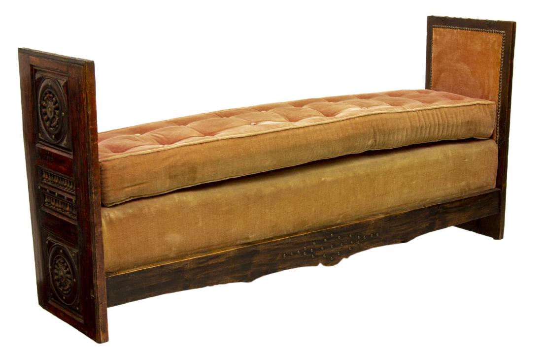 FRENCH BRETON OAK CARVED & UPHOLSTERED HALL BENCH (1 of 3)