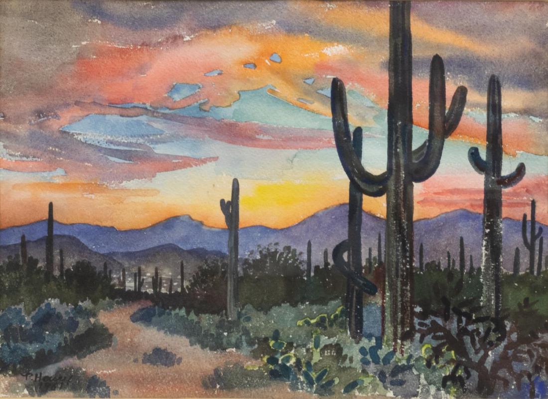 PAMELA HENRY (ARIZONA, 20th/21ST C.)TUCSON SUNSET: Framed watercolor on paper, "Tucson at Sunset", signed, dated 1961, lower left, P. Henry (Pamela Henry-Walker, Arizona, 20th/21st c), signed again and titled on mat lower left, sight: 10.5"h, 14.5"w, 