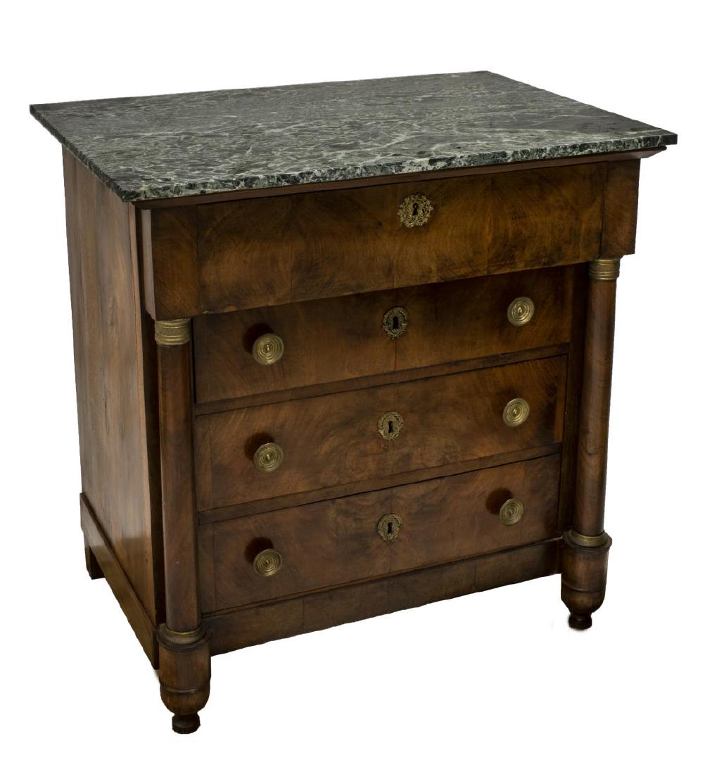FRENCH EMPIRE STYLE MAHOGANY & MARBLE SECRETARY: French Empire style mahogany and marble drop front secretary, top having pull out writing surface with five fitted drawers, three lower drawers flanked by standards with gilt metal to tops and bottoms