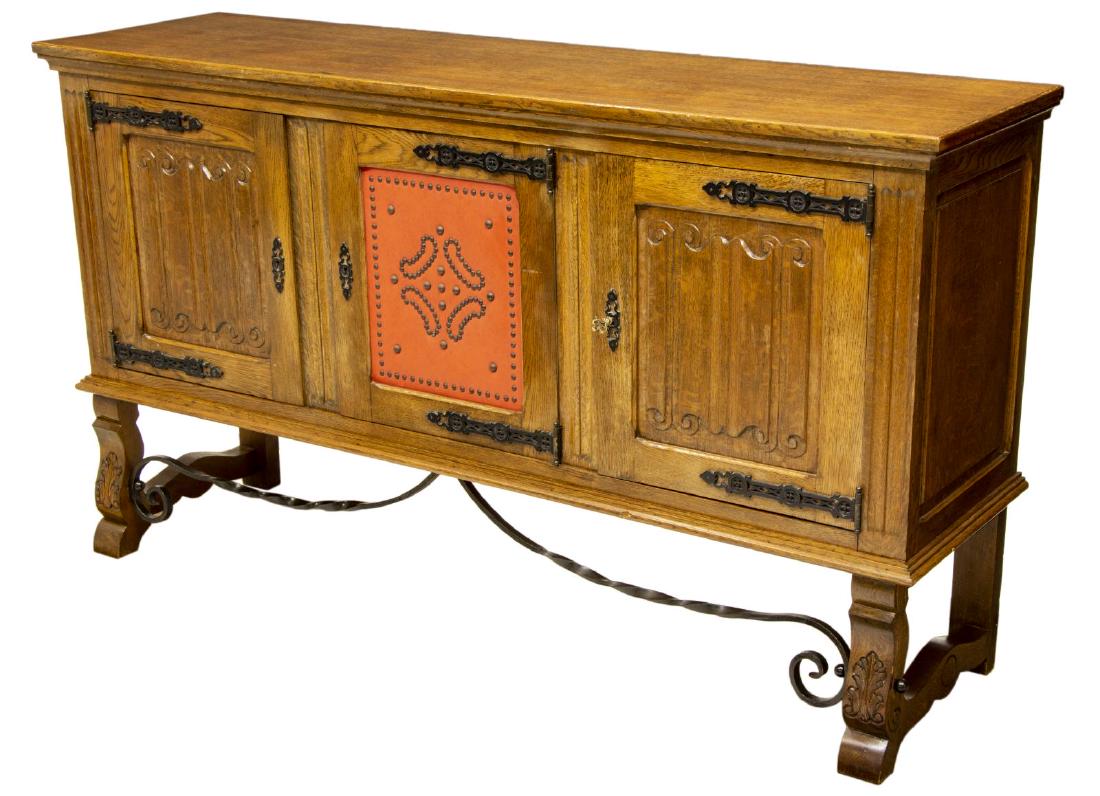 SPANISH STYLE CARVED OAK & IRON SIDEBOARD (1 of 3)