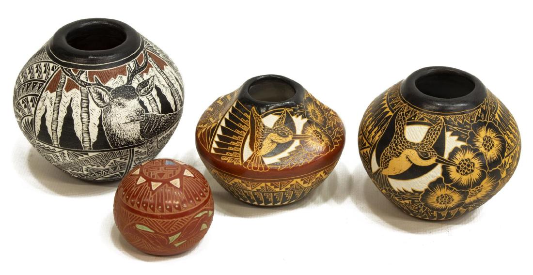 (4) NATIVE AMERICAN NAVAJO ETCHED POTTERY, SIGNED (1 of 3)